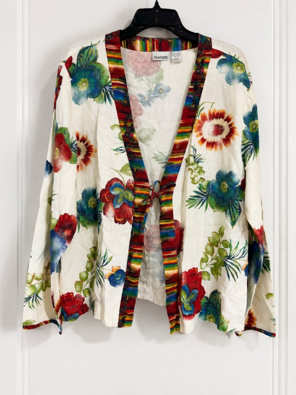 NWOT Chico's Linen Open Tie Kimono Jacket Cardigan Top Size 3 Plus Size Floral